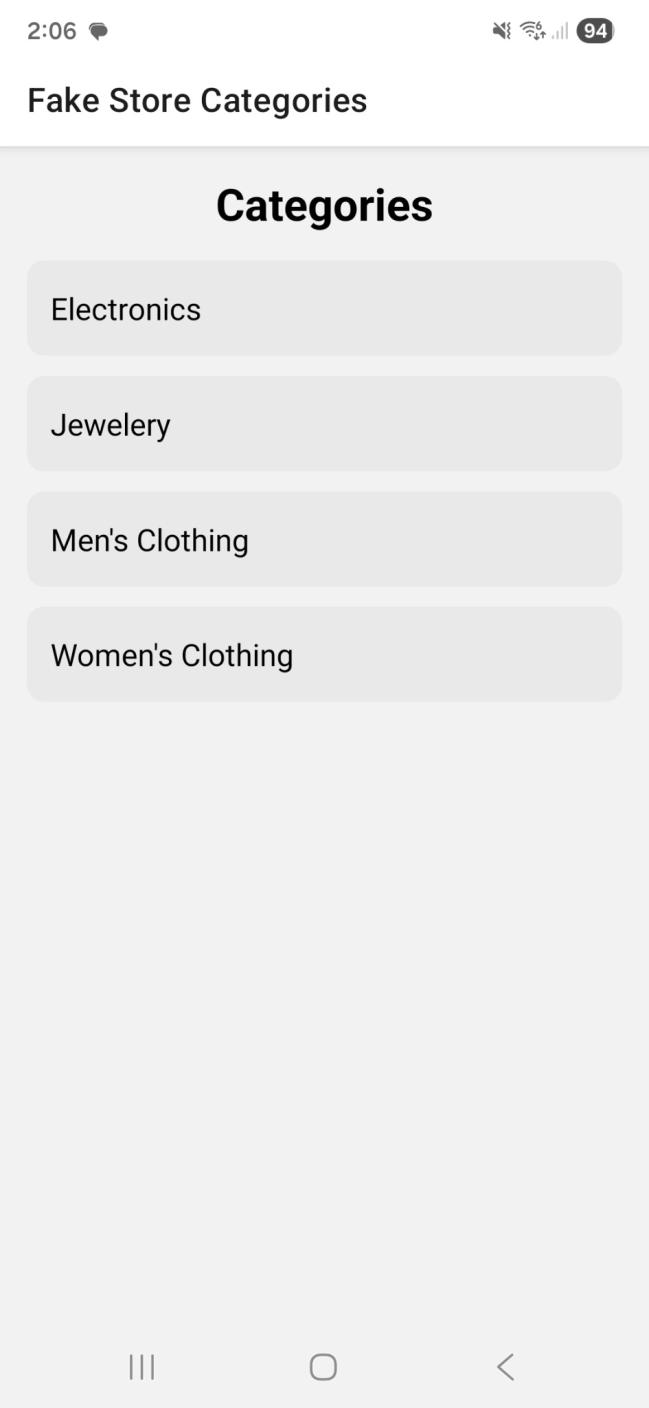 Fake Store category screen showing product categories.