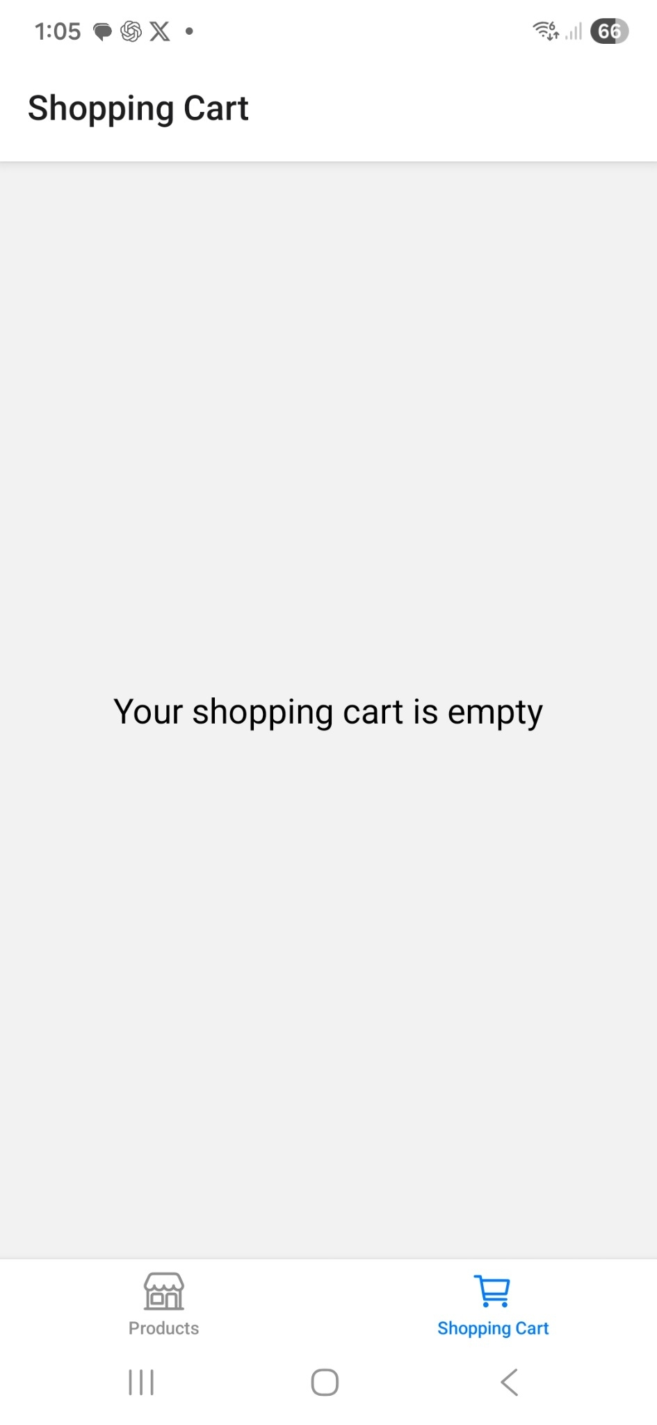 Fake Store empty shopping cart screen.