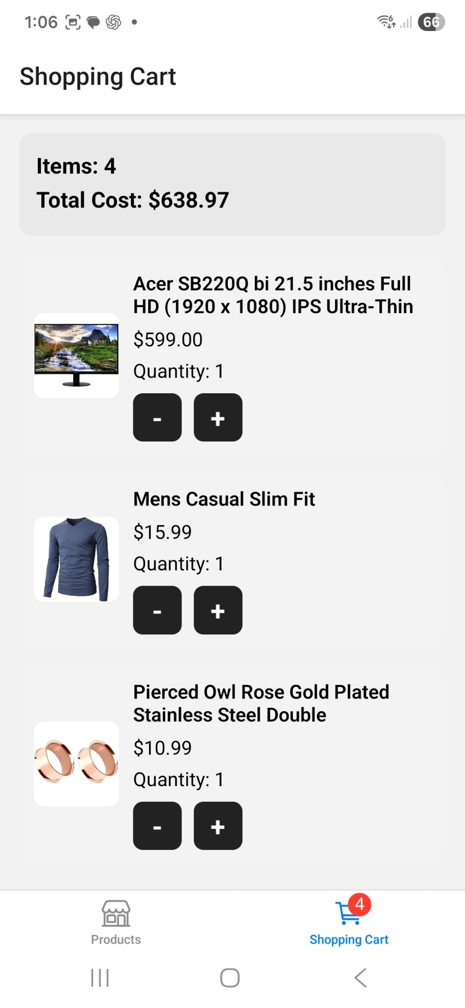 Fake Store cart screen showing multiple products and totals.
