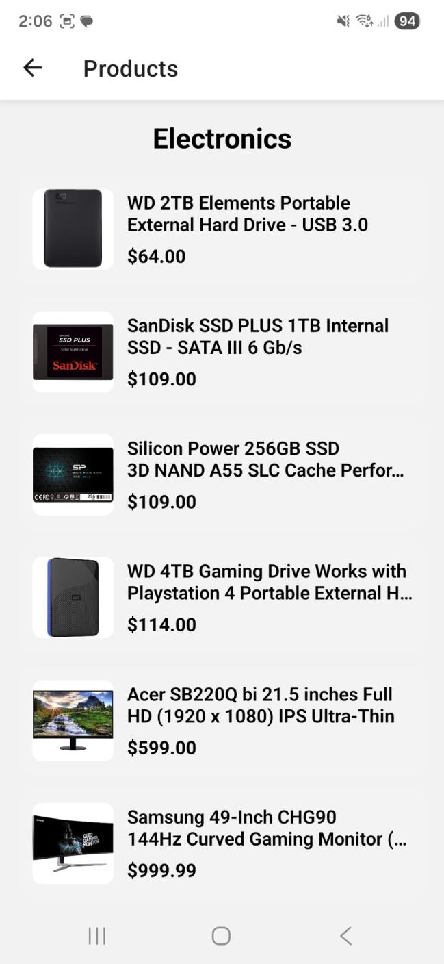 Fake Store product list screen showing products in a selected category.