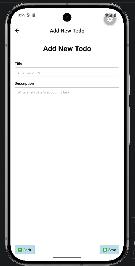 Add New Todo screen with title and description fields.
