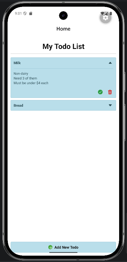 Expanded todo item showing finish and delete actions.