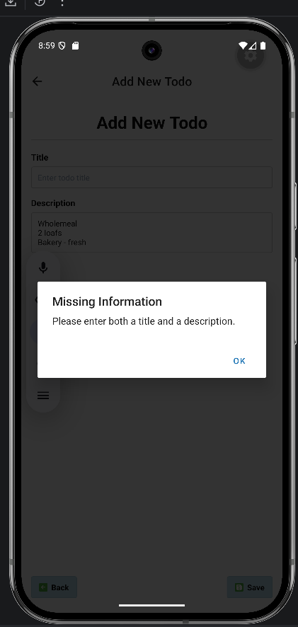 Validation alert shown when a todo title is missing.
